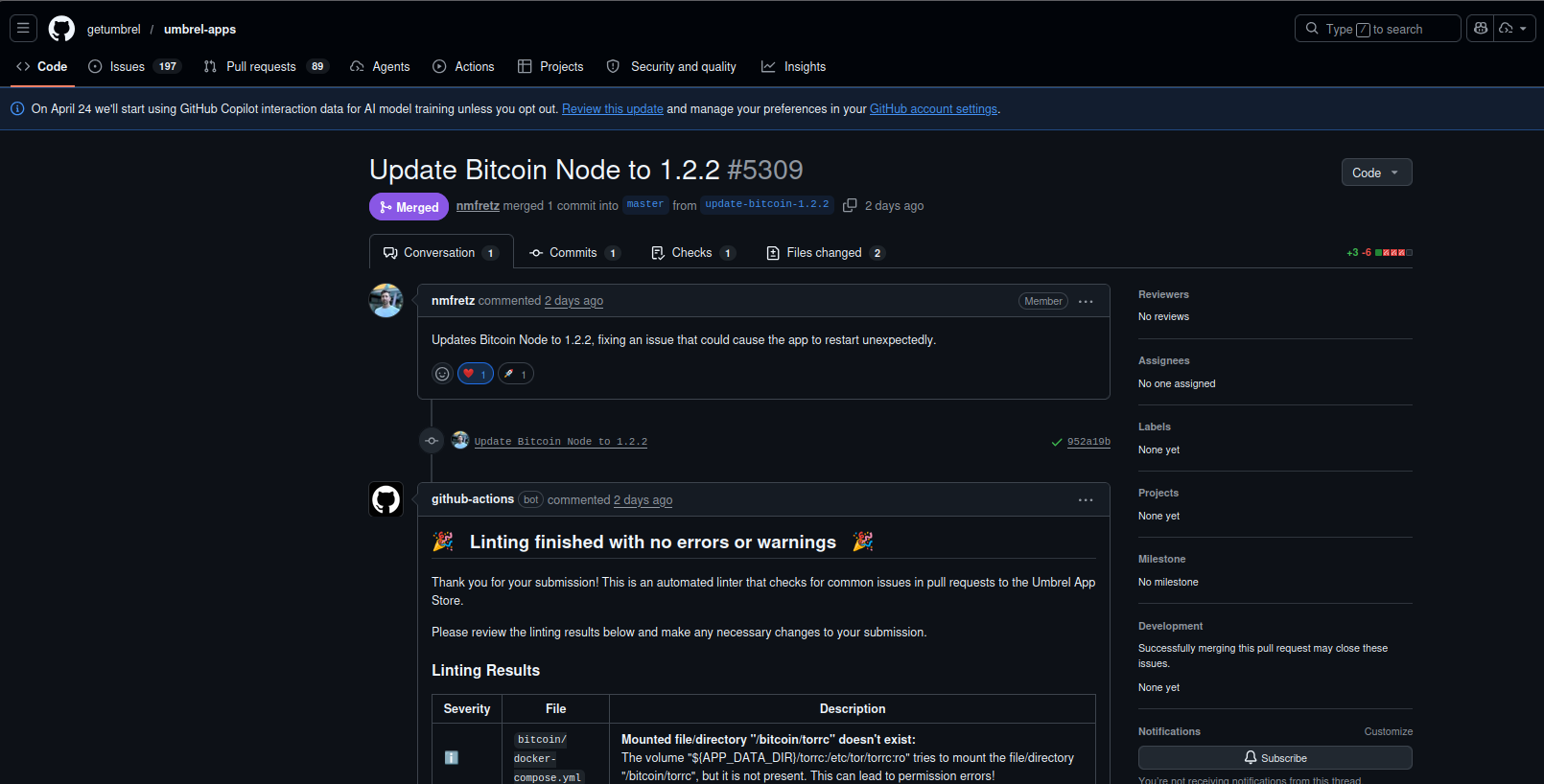 GitHub PR #5309 — Update Bitcoin Node to 1.2.2 merged by nmfretz